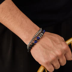 Hiphop natural stone bead silver color stainless steel chain bracelet for men