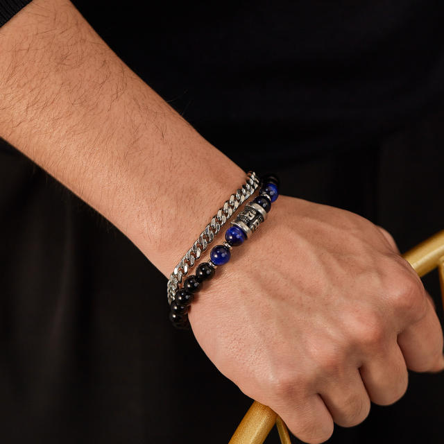 Hiphop natural stone bead silver color stainless steel chain bracelet for men