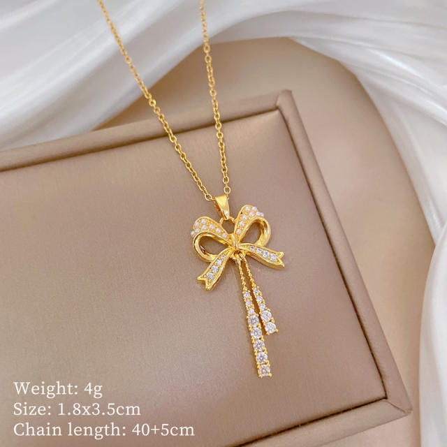 Delicate diamond bow stainless steel chain necklace set