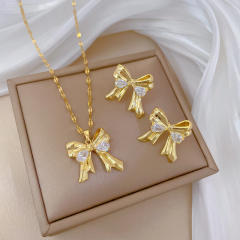 Sweet bow pendant stainless steel chain necklace set