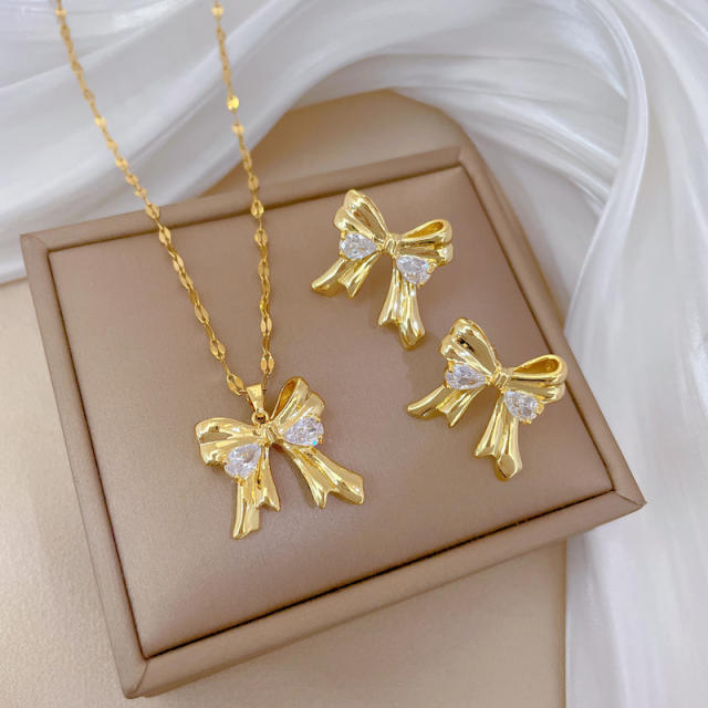 Sweet bow pendant stainless steel chain necklace set