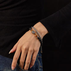 Hiphop natural stone bead silver color stainless steel chain bracelet for men