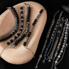 Hiphop natural stone bead silver color stainless steel chain bracelet for men