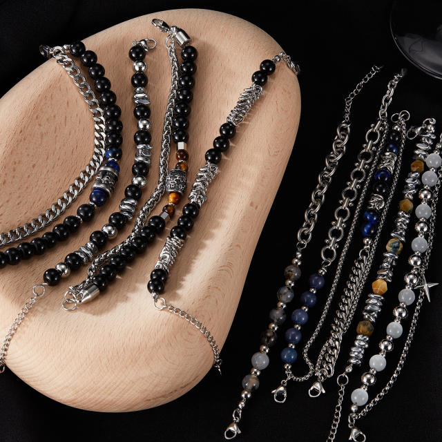 Hiphop natural stone bead silver color stainless steel chain bracelet for men