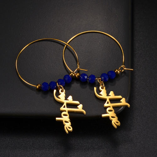 DIY handmade blue bead custom name charm stainless steel hoop earrings