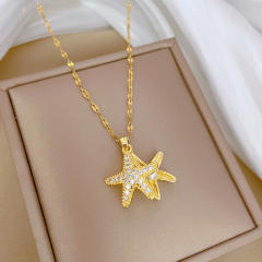 Dainty diamond starfish pendant stainless steel chain necklace