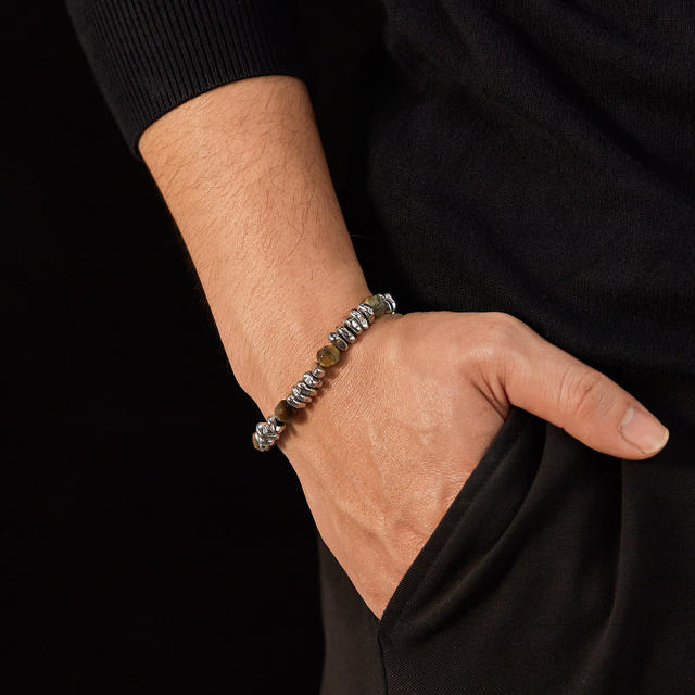 Hiphop natural stone bead silver color stainless steel chain bracelet for men
