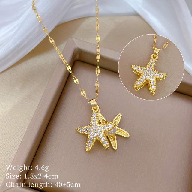 Dainty diamond starfish pendant stainless steel chain necklace