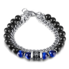 Hiphop natural stone bead silver color stainless steel chain bracelet for men
