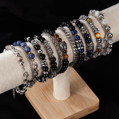 Hiphop natural stone bead silver color stainless steel chain bracelet for men