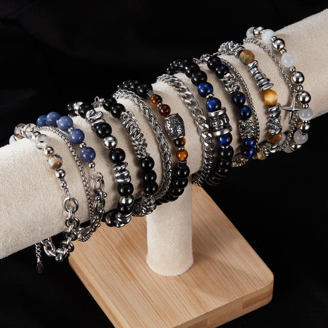 Hiphop natural stone bead silver color stainless steel chain bracelet for men