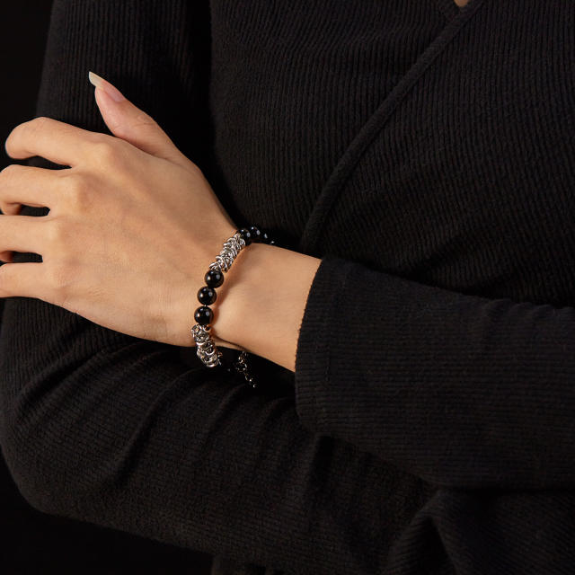 Hiphop natural stone bead silver color stainless steel chain bracelet for men