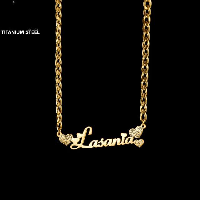 Personality diamond heart custom name cuban link chain necklace stainless steel necklace