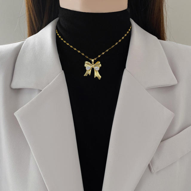Sweet bow pendant stainless steel chain necklace set