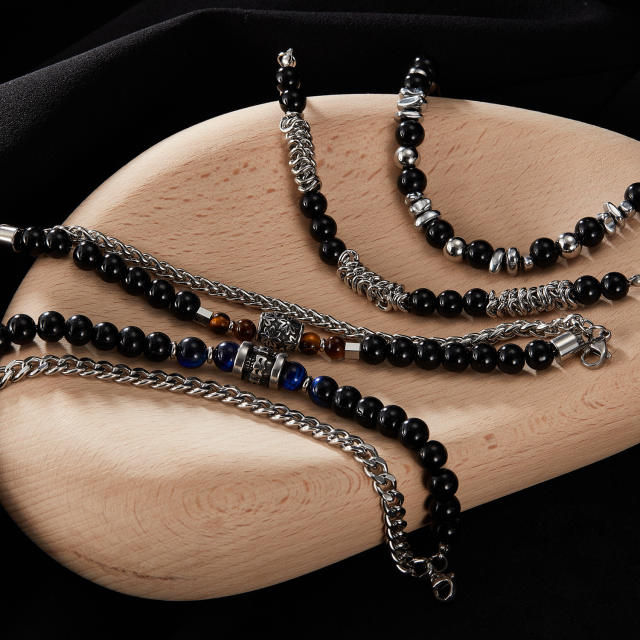 Hiphop natural stone bead silver color stainless steel chain bracelet for men
