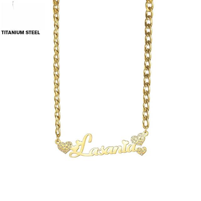 Personality diamond heart custom name cuban link chain necklace stainless steel necklace