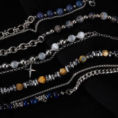 Hiphop natural stone bead silver color stainless steel chain bracelet for men