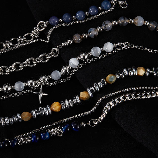 Hiphop natural stone bead silver color stainless steel chain bracelet for men