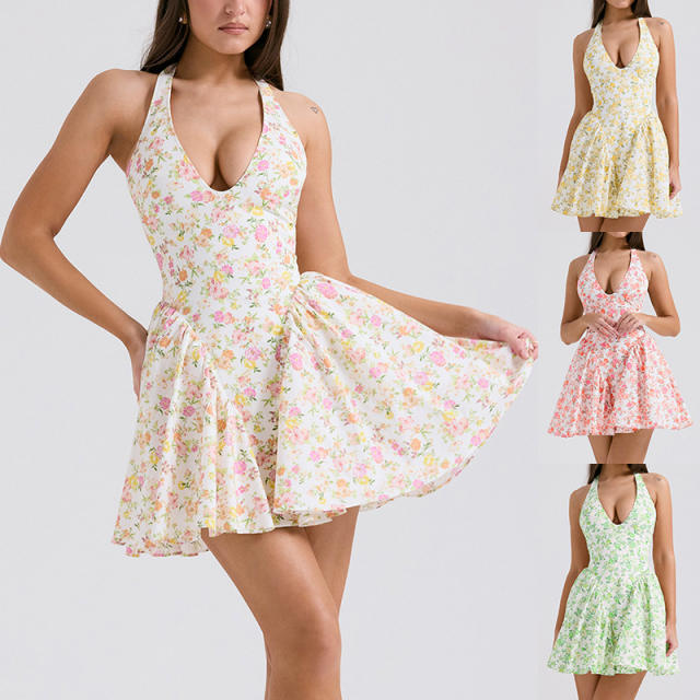 Summer sweet floral v neck halter neck short dress