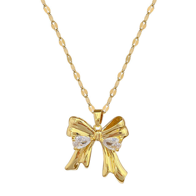 Sweet bow pendant stainless steel chain necklace set