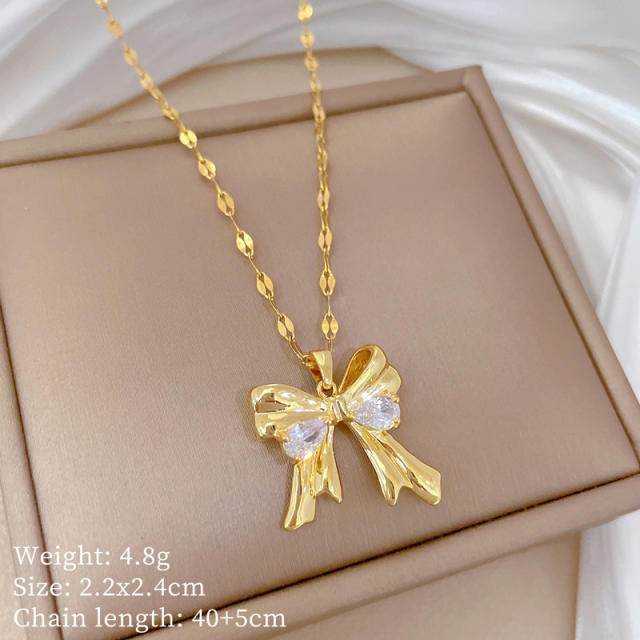 Sweet bow pendant stainless steel chain necklace set