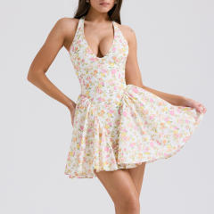 Summer sweet floral v neck halter neck short dress