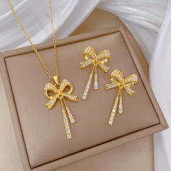 Delicate diamond bow stainless steel chain necklace set