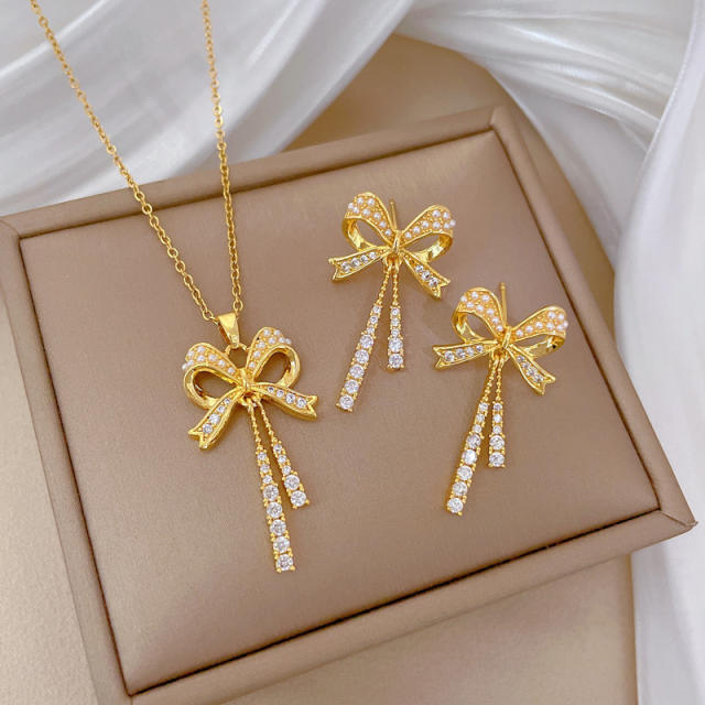 Delicate diamond bow stainless steel chain necklace set