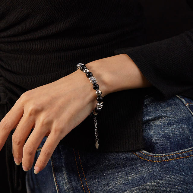 Hiphop natural stone bead silver color stainless steel chain bracelet for men