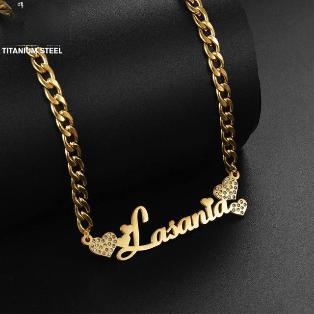 Personality diamond heart custom name cuban link chain necklace stainless steel necklace