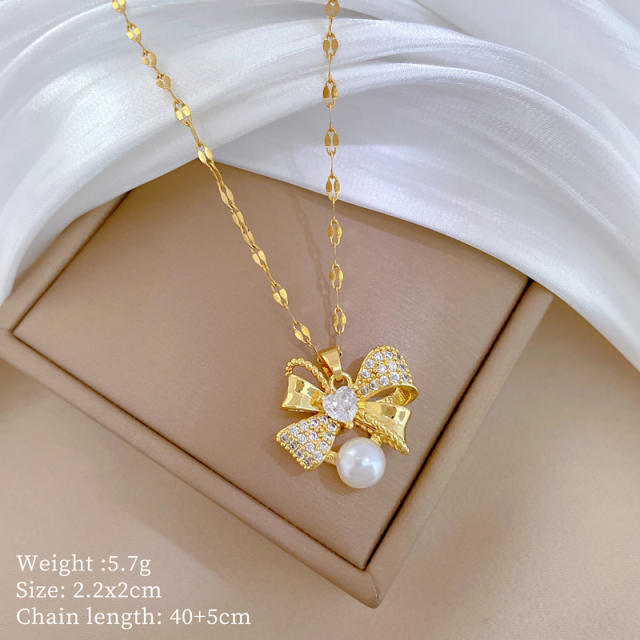 Delicate sweet bow pendant stainless steel chain necklace set