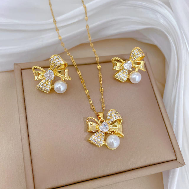 Delicate sweet bow pendant stainless steel chain necklace set