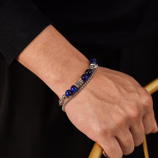 Hiphop natural stone bead silver color stainless steel chain bracelet for men