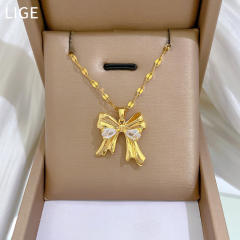 Sweet bow pendant stainless steel chain necklace set