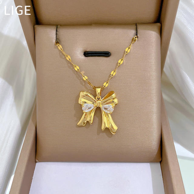 Sweet bow pendant stainless steel chain necklace set