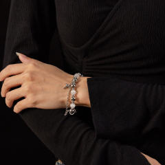 Hiphop natural stone bead silver color stainless steel chain bracelet for men