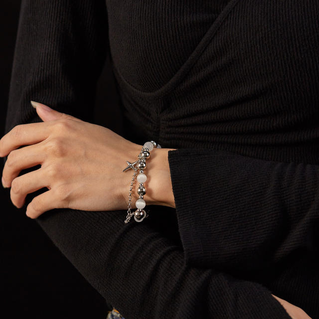 Hiphop natural stone bead silver color stainless steel chain bracelet for men