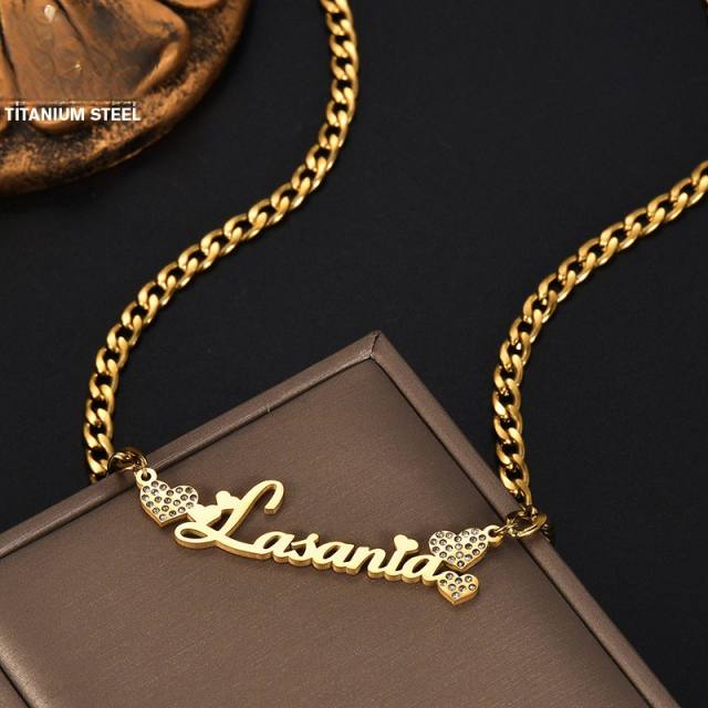 Personality diamond heart custom name cuban link chain necklace stainless steel necklace