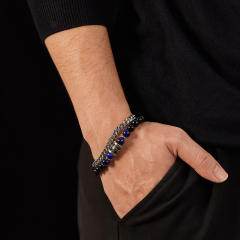 Hiphop natural stone bead silver color stainless steel chain bracelet for men