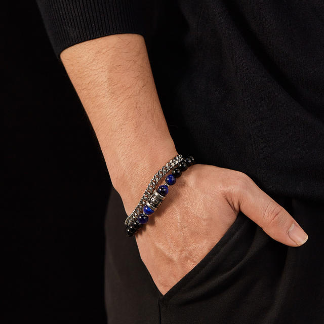 Hiphop natural stone bead silver color stainless steel chain bracelet for men