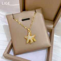 Dainty diamond starfish pendant stainless steel chain necklace
