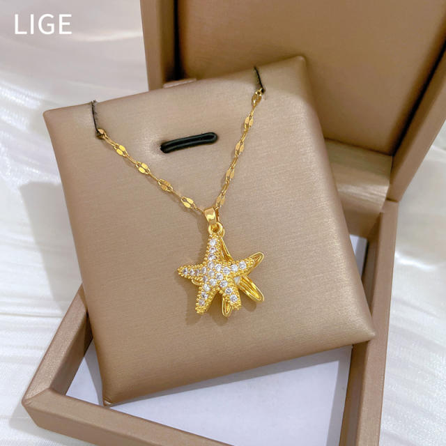 Dainty diamond starfish pendant stainless steel chain necklace