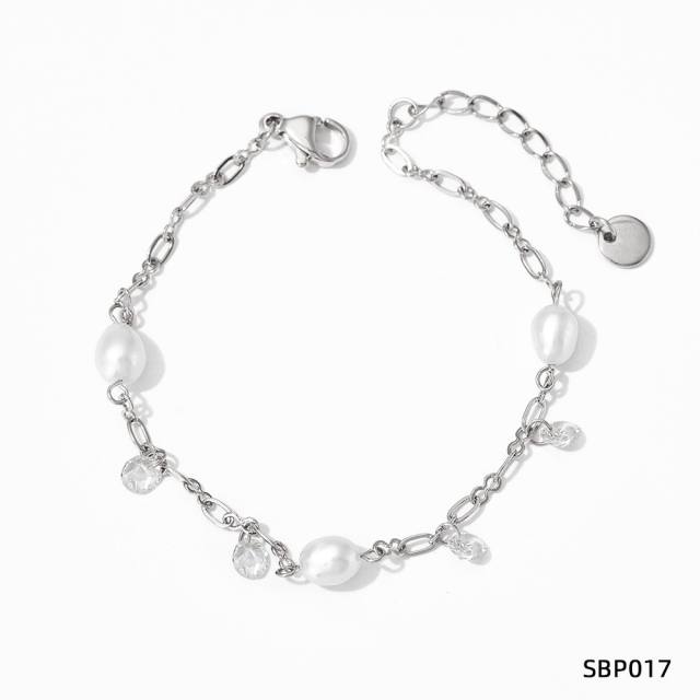 Creative colorful cubic zircon pearl charm stainless steel anklet