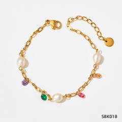Creative colorful cubic zircon pearl charm stainless steel anklet
