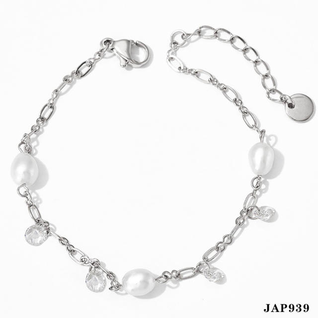 Creative colorful cubic zircon pearl charm stainless steel anklet