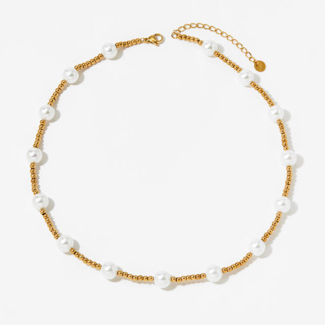 Elegant pearl bead stainless steel bead choker necklace