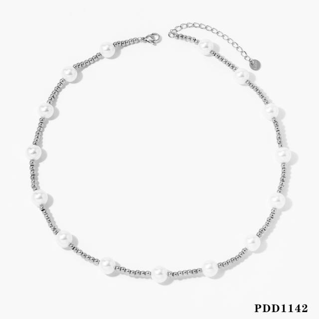 Elegant pearl bead stainless steel bead choker necklace
