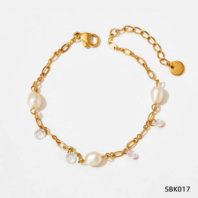 Creative colorful cubic zircon pearl charm stainless steel anklet