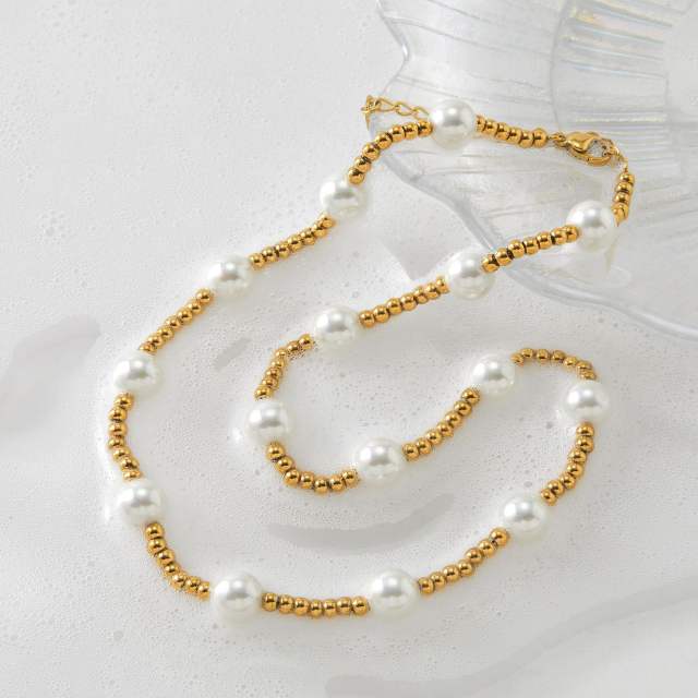 Elegant pearl bead stainless steel bead choker necklace
