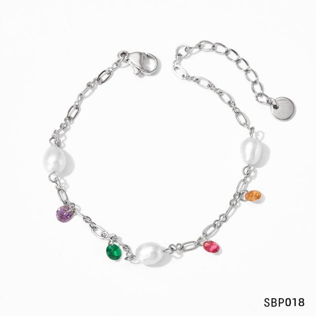 Creative colorful cubic zircon pearl charm stainless steel anklet